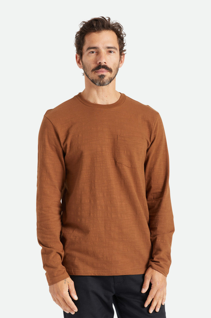 Tops Brixton Basic Slub L/S Pocket Hombre Marrones | BDTLYC051