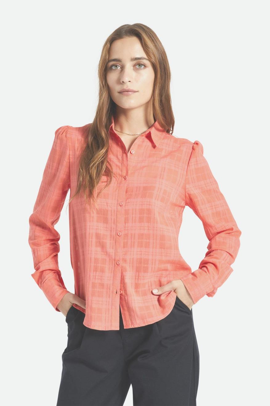 Tops Brixton Leon L/S Woven Mujer Coral Oscuro | RAWVFO327